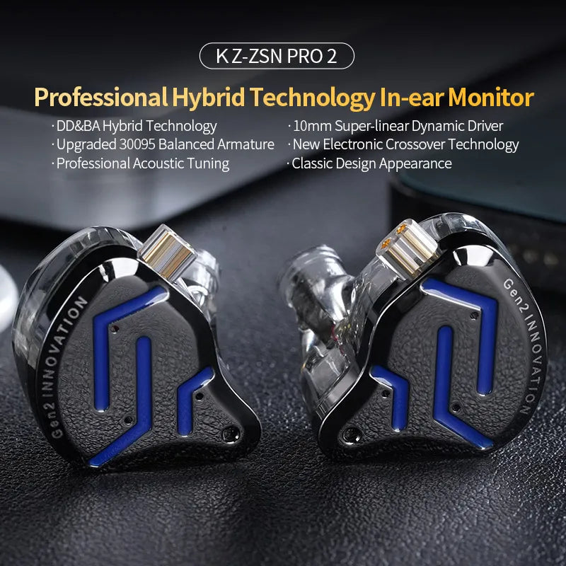 KZ ZSN Pro 2 Auriculares In-Ear Híbridos 1BA+1DD | Monitores Hi-Fi para Bajos Potentes y Audio Deportes | Cableado con Cancelación de Ruido