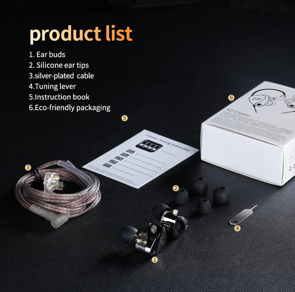 KZ Castor Auriculares Hi-Fi In-Ear 2DD Dinámicos | Monitores Tunable para Bajos Profundos y Sonido Personalizado | Auriculares de Alta Fidelidad